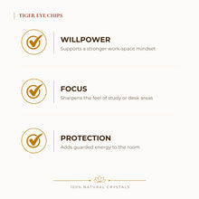 Load image into Gallery viewer, Tiger Eye Chips benefits for focus and mental clarity, explained in an Evashu natural-crystal guide
