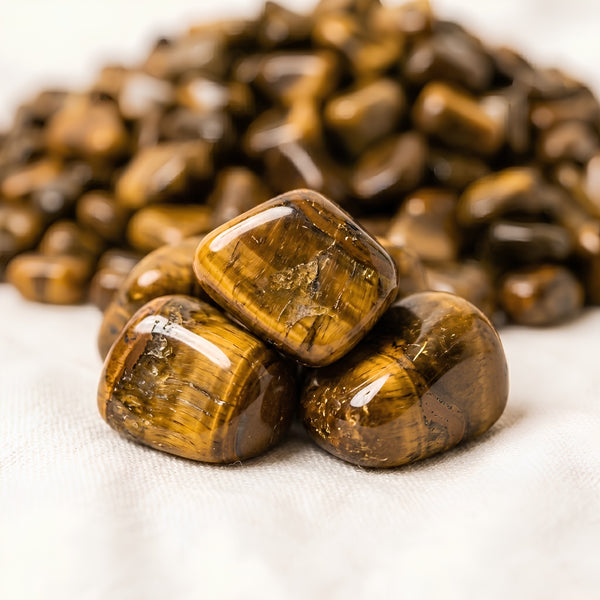 Close-up of authentic natural Tiger Eye showing crystal texture, colour and craftsmanship – tiger eye chips stone symbol of courage focus and practicality