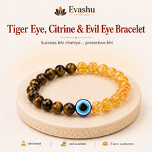 Load image into Gallery viewer, Authentic natural Tiger Eye, Citrine &amp; Evil Eye Bracelet for Success Drive and Wealth Flow, shown as the main Evashu product view

