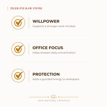 Load image into Gallery viewer, Tiger Eye Raw Stone benefits for wealth attraction and prosperity intention, explained in an Evashu natural-crystal guide
