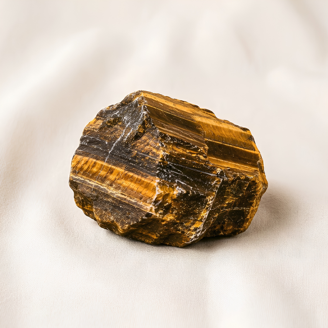 Tiger Eye Raw Stone displayed fully on white silk cloth to show its natural colour, shape and finish