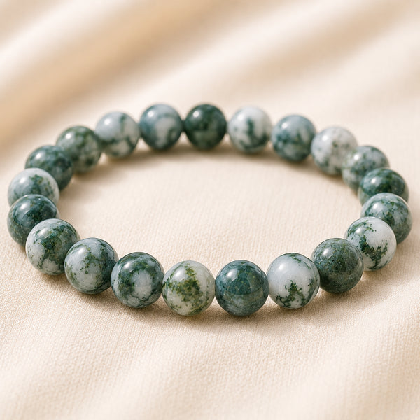 Close-up of authentic natural Tree Agate showing crystal texture, colour and craftsmanship