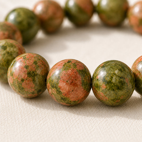 Close-up of authentic natural Unakite showing crystal texture, colour and craftsmanship