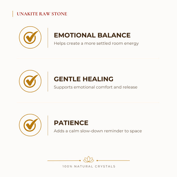 Unakite Raw Stone benefits for calm mind and stress relief, explained in an Evashu natural-crystal guide