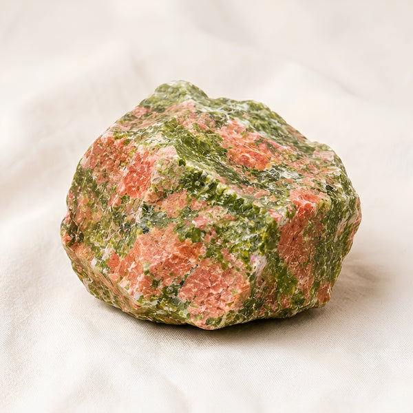 Unakite Raw Stone displayed fully on white silk cloth to show its natural colour, shape and finish