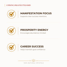 Load image into Gallery viewer, Citrine Orgone Pyramid benefits for wealth attraction and prosperity intention, explained in an Evashu natural-crystal guide
