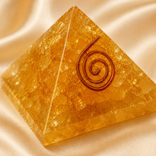 Load image into Gallery viewer, Close-up of authentic natural Citrine showing crystal texture, colour and craftsmanship – yellow citrine orgone pyramid manifestation success prosperity
