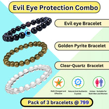 Load image into Gallery viewer, ack of 3 bracelets — Evil Eye, Golden Pyrite, and Clear Quartz — for protection, luck and cleansing; natural crystal combo.
