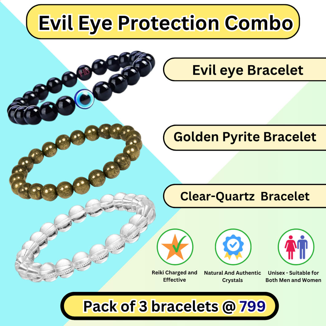 ack of 3 bracelets — Evil Eye, Golden Pyrite, and Clear Quartz — for protection, luck and cleansing; natural crystal combo.