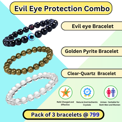 ack of 3 bracelets — Evil Eye, Golden Pyrite, and Clear Quartz — for protection, luck and cleansing; natural crystal combo.