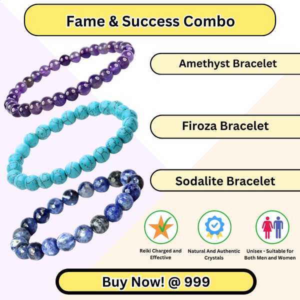 Pack of 3 Fame & Success bracelets—Amethyst, Firoza and Sodalite—enhancing confidence, recognition and positive energy.