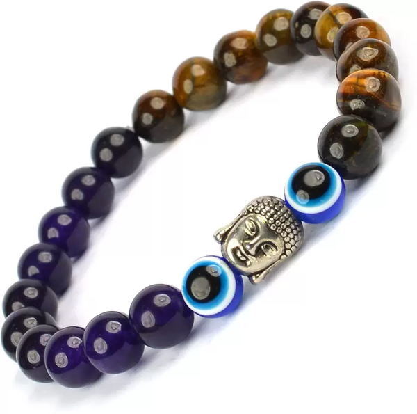 Certified Tiger Eye with Amethyst & Evil Eye Stone Bracelet: A Symbol of Strength, Balance & Positivity  for Unisex