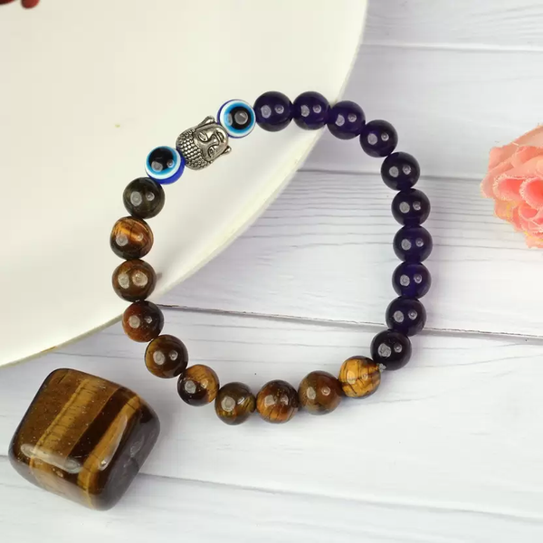 Certified Tiger Eye with Amethyst & Evil Eye Stone Bracelet: A Symbol of Strength, Balance & Positivity  for Unisex