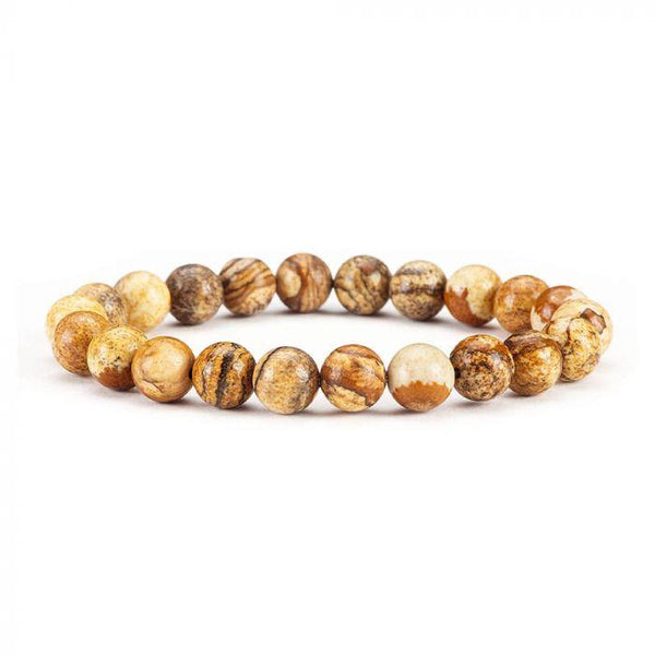 Model wearing a stylish Picture Jasper bracelet to highlight its elegance and aesthetic appeal. Get to know more about the Picture Jasper benefits