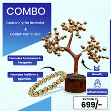 Load image into Gallery viewer, Natural Golden Pyrite Bracelet &amp; Golden Pyrite Tree Combo Set – For Wealth, Prosperity, Growth &amp; Protection - Front View | Natural Pyrite Crystal Bracelet for Evil Eye Protection &amp; Negative Energy Shield
