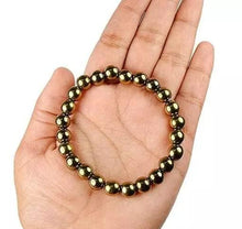 Load image into Gallery viewer, Natural Golden Pyrite Bracelet &amp; Golden Pyrite Tree Combo Set – For Wealth, Prosperity, Growth &amp; Protection - On Hand View | Natural Pyrite Crystal Bracelet for Evil Eye Protection &amp; Negative Energy Shield
