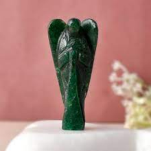 Load image into Gallery viewer, Front view of Green Aventurine Angel crystal figurine on a soft pink background.

