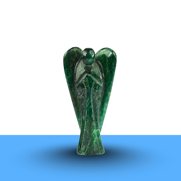 Green Aventurine Angel figurine on a minimalist white and blue background symbolizing luck and healing.