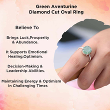 Load image into Gallery viewer, Green Aventurine diamond cut oval ring symbolizing luck, prosperity, emotional healing and positivity.
