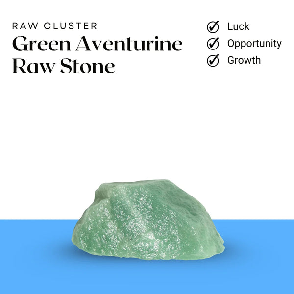 Green Aventurine raw stone cluster symbolizing luck, new opportunities, and personal growth.