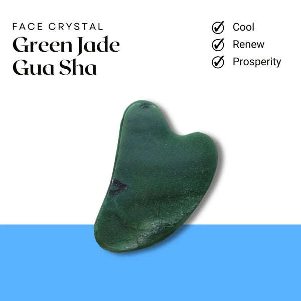 Green Jade Gua Sha face crystal displayed for cooling, renewing, and promoting prosperity in skincare.