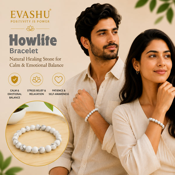 Howlite Bracelet – Natural Stone Bracelet for Calm Focus, Emotional Wellness & Everyday Wear | Unisex Crystal Jewellery - On Hand View | Natural Seven Chakra Crystal Bracelet for Calmness & Stress Relief