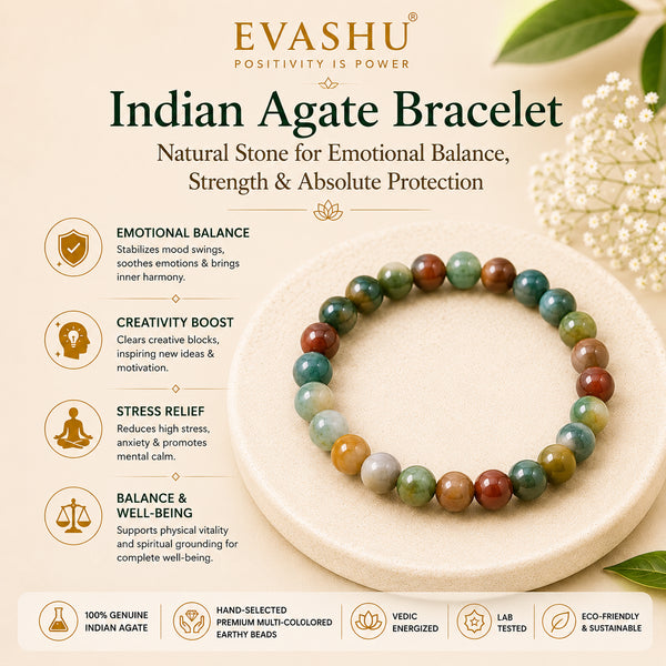 Indian Agate Bracelet – Natural Stone Bracelet for Balance, Grounding & Everyday Wear | Unisex Crystal Jewellery - Front View | Natural Crystal Bracelet for Chakra Balance & Energy Alignment