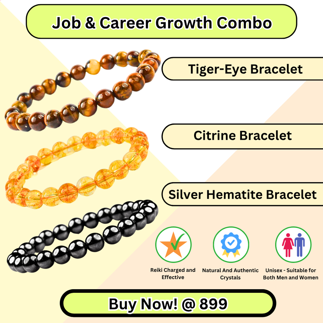 Pack of 3 Job & Career Growth crystal bracelets—Tiger Eye, Citrine, Silver Hematite—boosting success, focus and confidence.