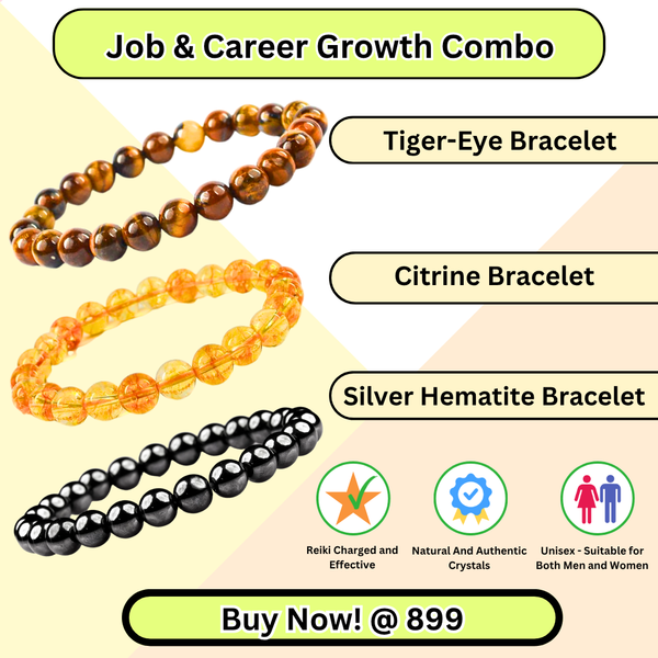 Pack of 3 Job & Career Growth crystal bracelets—Tiger Eye, Citrine, Silver Hematite—boosting success, focus and confidence.