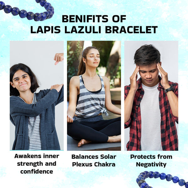 Spiritual Connection & Confidence: Original Blue Lapis Lazuli Round Beaded Bracelet for Unisex - On Hand View | Natural Lapis Lazuli, Seven Chakra Crystal Bracelet for Success, Confidence & Career Growth