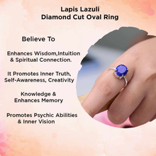 Load image into Gallery viewer, Diamond-cut oval Lapis Lazuli gemstone ring with polished metal band, representing confidence and inner wisdom.
