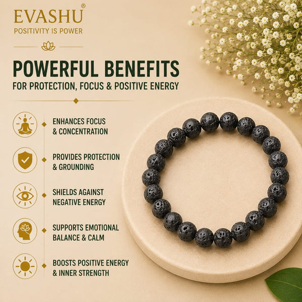 Lava Extract Bracelet – Natural Beaded Bracelet for Focus, Grounding & Everyday Wear | Unisex Crystal Jewellery - Close Up Detail Texture | Natural Seven Chakra Crystal Bracelet for Evil Eye Protection & Negative Energy Shield