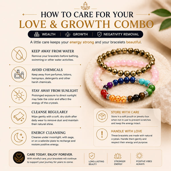 Love & Growth Combo of 3 Crystal Bracelets – Pyrite, Rose Quartz & 7 Chakra Bracelet Set | Unisex Daily Wear & Gifting Combo - Lifestyle View | Natural Pyrite, Rose Quartz, Seven Chakra Crystal Bracelet for Wealth & Abundance