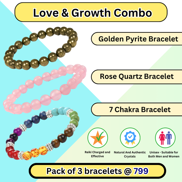 Pack of 3 Love & Growth bracelets—Golden Pyrite, Rose Quartz, 7 Chakra—for love, balance, confidence and positive energy.