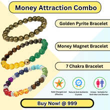 Load image into Gallery viewer, Pack of 3 Money Attraction bracelets—Golden Pyrite, Money Magnet, 7 Chakra—enhancing wealth, confidence and positive energy.
