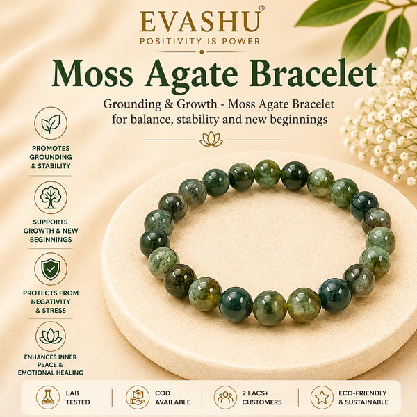 Moss Agate Bracelet – Natural Stone Bracelet for Balance, Growth & Everyday Wear | Unisex Crystal Jewellery - Front View | Natural Seven Chakra Crystal Bracelet for Love & Relationship Harmony