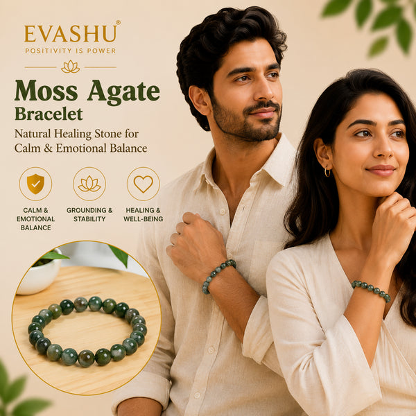 Moss Agate Bracelet – Natural Stone Bracelet for Balance, Growth & Everyday Wear | Unisex Crystal Jewellery - On Hand View | Natural Seven Chakra Crystal Bracelet for Love & Relationship Harmony