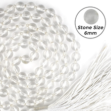 Load image into Gallery viewer, Natural Certified Clear Quartz Japmala for meditation, shown on a minimal white backdrop.
