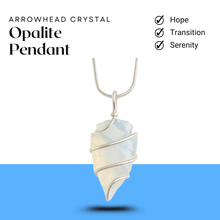 Load image into Gallery viewer, Opalite arrowhead crystal pendant with chain, a spiritual necklace for clarity and emotional balance

