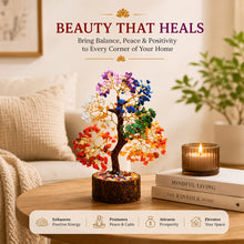 Load image into Gallery viewer, Pack of 2 Seven Chakra Crystal Trees with Wooden Base – Natural Decorative Tree for Balance, Harmony &amp; Positive Energy | Home &amp; Office Décor - On Hand View | Natural Seven Chakra Crystal Ring for Chakra Balance &amp; Energy Alignment
