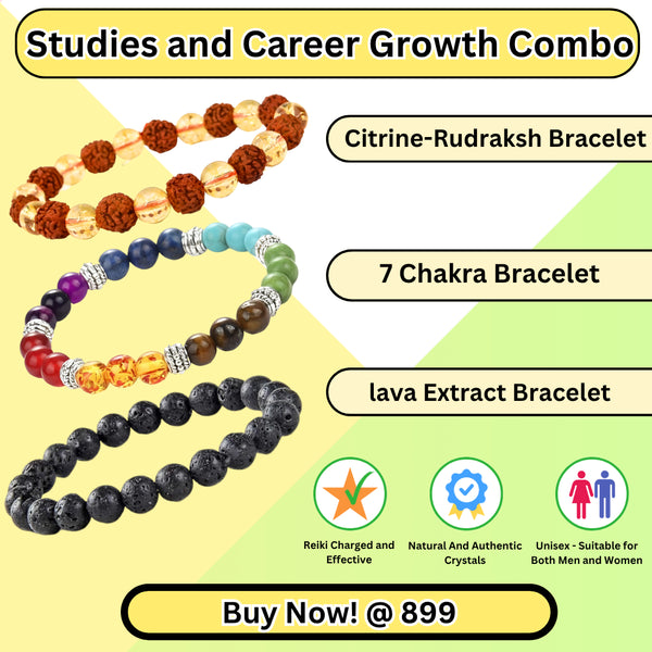 Studies & Career Growth Crystal Bracelet Combo – Citrine Rudraksha, Seven Chakra & Lava (Pack of 3) - Front View | Natural Citrine, Seven Chakra, Rudraksha Crystal Bracelet for Success, Confidence & Career Growth