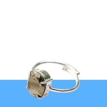 Load image into Gallery viewer, Pyrite adjustable diamond cut ring on a clean white and blue minimalist background, symbolizing willpower and fortune.
