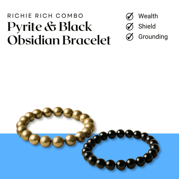 Pyrite bracelet and black obsidian bracelet displayed together on a white and blue background.