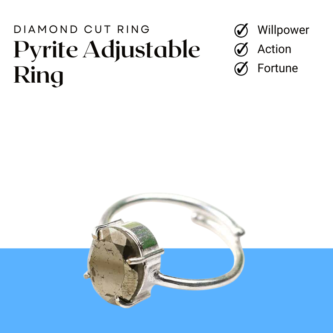 Pyrite diamond cut adjustable ring symbolizing willpower, action, fortune and confidence.