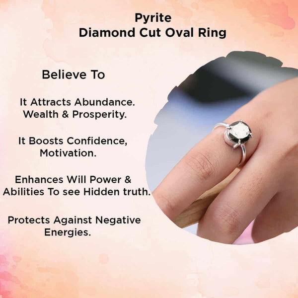 Pyrite diamond cut oval ring for abundance, wealth, confidence, motivation and protection against negative energies.