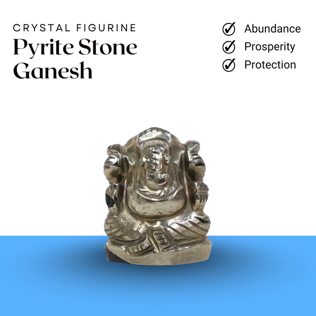 Pyrite Ganesh crystal idol with golden texture representing abundance, prosperity and protection.