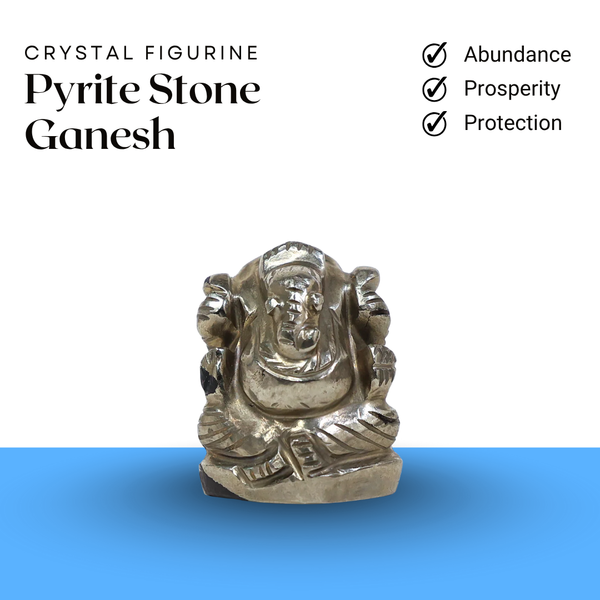 Pyrite Ganesh crystal idol with golden texture representing abundance, prosperity and protection.
