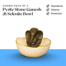 Load image into Gallery viewer, Pyrite Stone Lord Ganesha statue placed inside a Selenite bowl for spiritual healing
