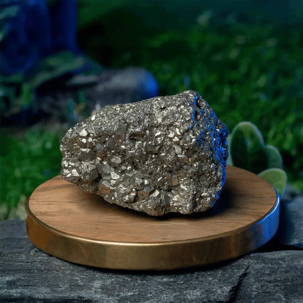 Pyrite mineral raw cluster stone associated with willpower, action, and fortune.