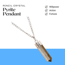 Load image into Gallery viewer, Pyrite point pendant with a silver cap and chain displayed on a clean white background.
